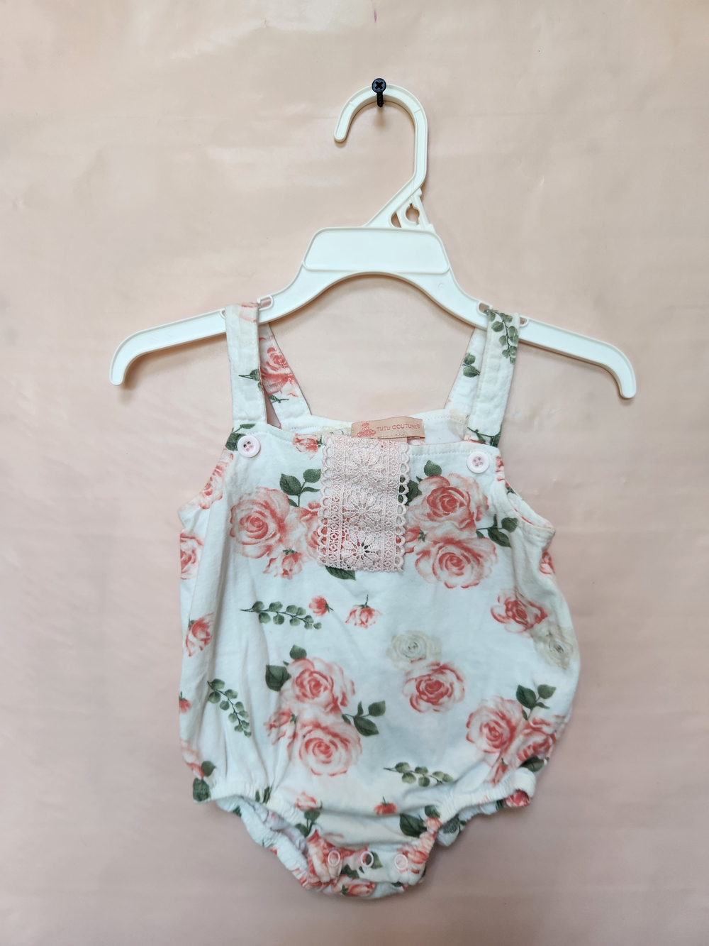 Baby Floral Lace-Front One-Piece Bodysuit in Cream and Pink